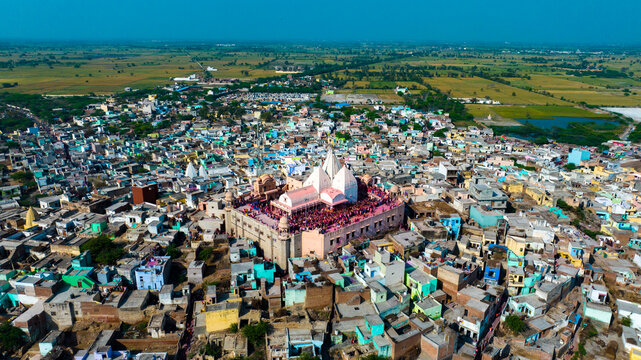Aerial view of Shri Raas Bihari Temple during the Holy colour festival in Barsana, Uttar Pradesh, India.