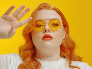 Fototapeta premium Woman Wearing Yellow Sunglasses and Ring in Front of Bright Yellow Background