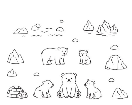 Vector illustration of a polar bear family in the Arctic surrounded by icebergs, mountains, and an igloo. 