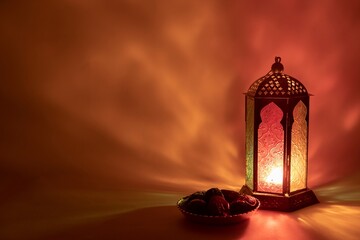 Warm glowing Ramadan lantern with plate of dates on red background, symbolic iftar and eid celebration scene filled with spiritual warmth and peace   © Ricky