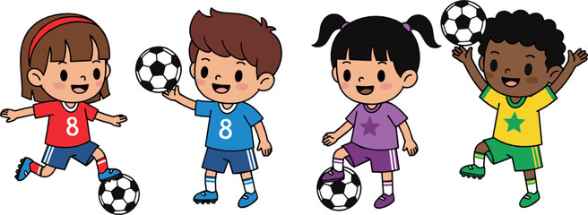 Cute kids playing soccer character set with boys and girls holding footballs, active sports cartoon flat vector illustration for children and school design © MdNazmul