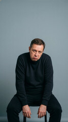 Middle Aged Man With Sad Expression Sitting On Stool