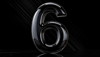 Number 6 in solid glass, black surface, bold highlights, and fine diagonal line pattern.