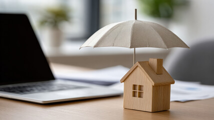 Miniature house model under umbrella on office desk near laptop