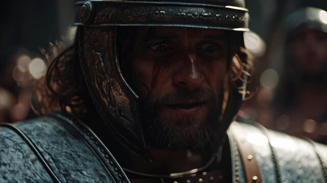 Close-up of a Roman soldier wearing detailed armor with a somber atmospheric lighting emphasizing and emotional depth in a historical or cinematic scene