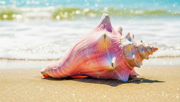 Vibrant pink conch shell on sparkling beach with ocean waves