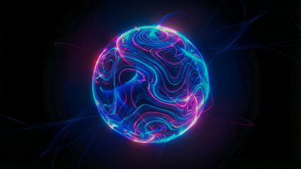 A vibrant, glowing orb or sphere, intricately patterned with swirling, luminescent trails. The sphere emits a radiant blue and pinkish hue, contrasting starkly against a dark background.