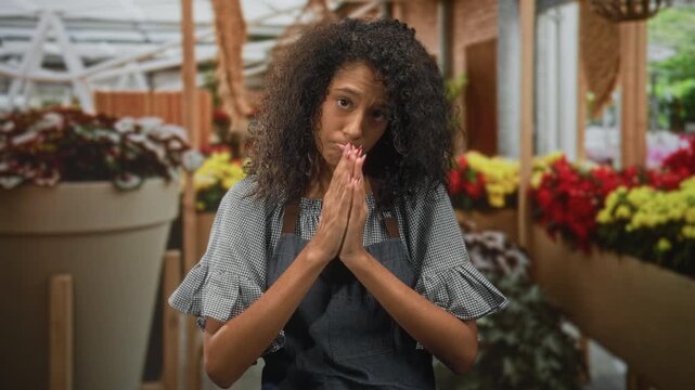 Woman in apron presses hands together in pleading prayer gesture while pouting lips among potted flowers and greenhouse plants inside a building; apologetic plea.