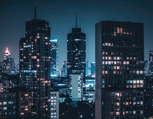 Nighttime Cityscape with Illuminated Skyscrapers in Urban Setting