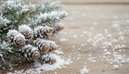 Snowy cones and fir branch on rustic wooden background winter decoration