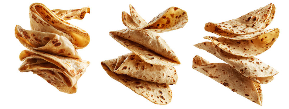 Set of tortillas or roti wraps, isolated on white background, concept of traditional food