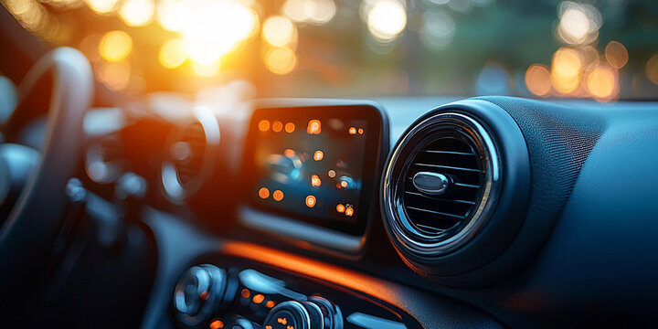 Car air vent and modern dashboard in warm light Generative AI