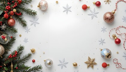 Christmas holiday composition with snowflake decor on white background flat lay