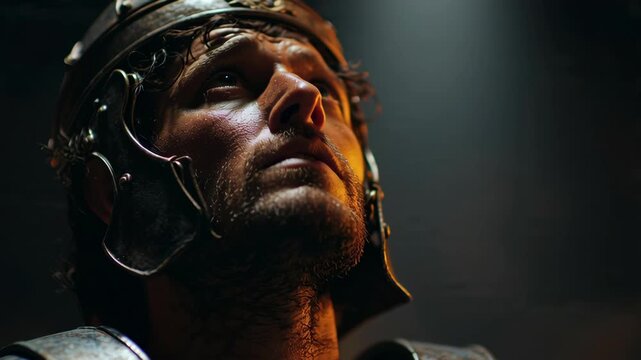 Dramatic close-up of a man with futuristic headgear, intense and moody lighting, symbolizing struggle, resilience, and spirituality in modern art style