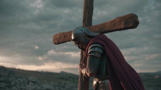 Depiction of a Roman soldier in armor carrying a wooden cross during a dramatic sunset scene, symbolizing biblical passion and suffering
