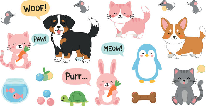 Cute pets sticker illustration set with cats, dogs and playful animals with speech bubbles in colorful flat vector kawaii style for kids design