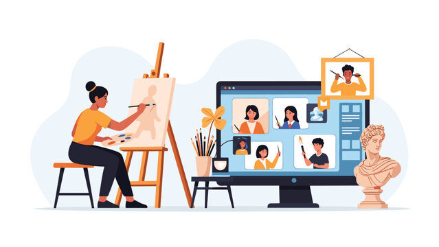 Creative woman paints skillfully on an easel, simultaneously attending an engaging online art class displayed on her computer screen, embracing virtual learning.