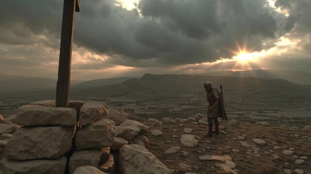 Dramatic depiction of a Roman soldier kneeling before a wooden cross on a rocky hilltop during a stormy sunset, emphasizing themes of faith and sacrifice in biblical