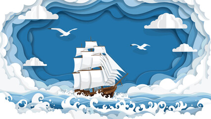 Majestic paper cut sailing ship navigating a stormy, wavy sea under a dramatic blue sky with layered clouds and flying seagulls.