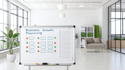 Whiteboard on wheels displaying business growth planning chart with colorful circles and boxes