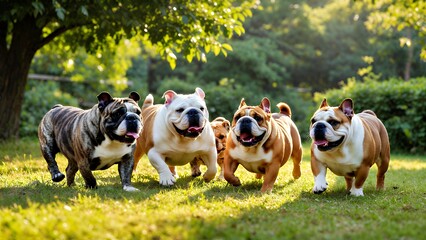 Playful English Bulldogs: Energetic Pups Running in Green Grass