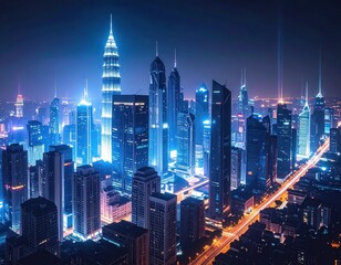 Obraz premium Stunning Nighttime Cityscape with Bright Lights and Skyscrapers