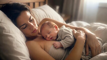 Serene Motherhood: Newborn Baby Cuddling with Mom in Sunlit Bedroom