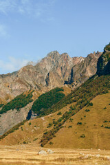 Fototapeta premium Rocky mountains rise above grassy fields in the daytime sunshine