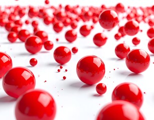 Gleaming red spheres float randomly against a stark white backdrop