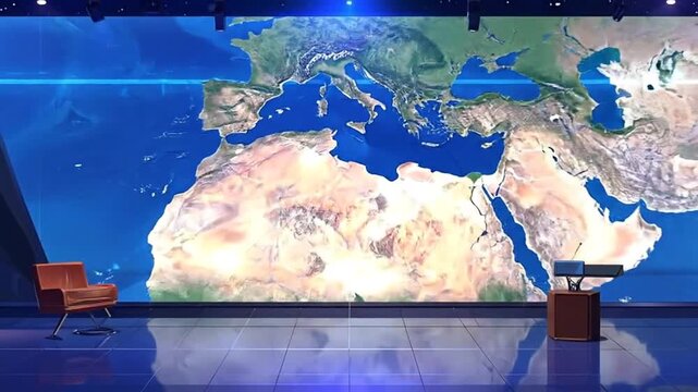 Modern television studio with a world map backdrop, featuring a chair and desk.