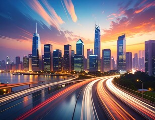 Obraz premium Vibrant Cityscape at Dusk with Skyscrapers and Light Trails