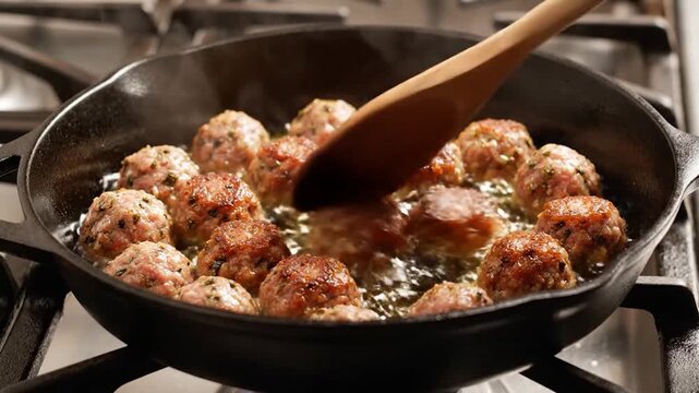 Meatballs sizzle in a cast-iron pan on a stovetop, with wooden spoon, steam rising