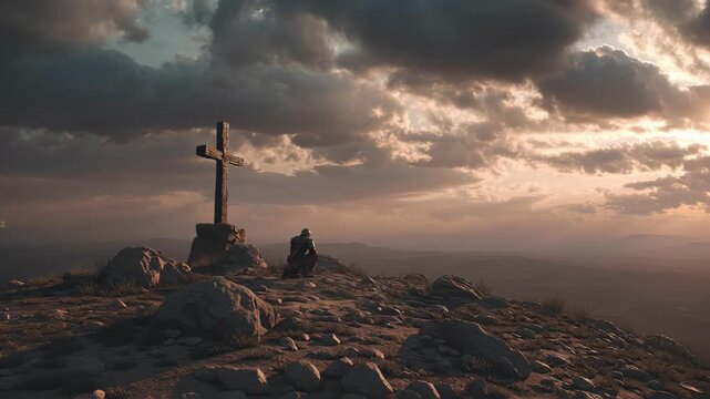 Roman soldier kneeling in contemplation near a wooden cross on a rocky hilltop during a dramatic sunset, symbolizing faith and sacrifice in a biblical scene