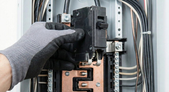 Gloved hand installing black circuit breaker into electrical panel