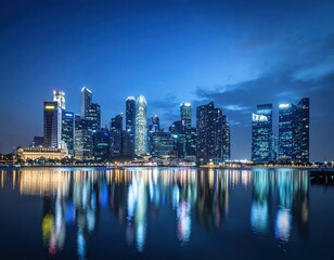 Obraz premium Stunning Night View of Urban Skyline with Reflections in Water