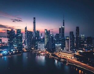 Obraz premium Urban Skyline at Dusk with Tall Buildings and River Reflection