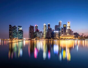 Fototapeta premium Stunning City Skyline Reflection at Dusk with Vibrant Light Displays