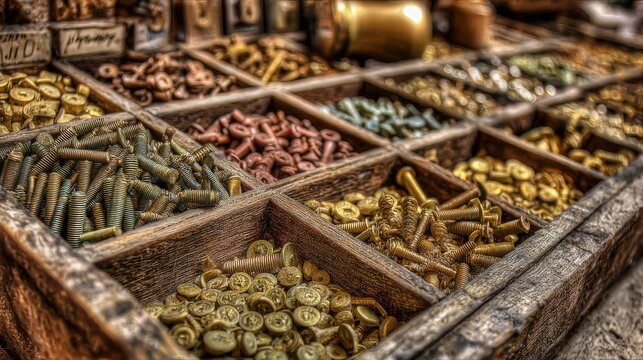 Precisely aligned collection of antique brass screws and fasteners in wooden compartments, showcasing vintage hardware