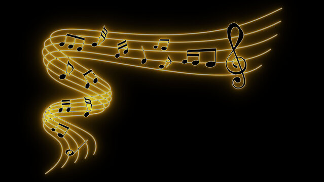 Golden treble clef. Musical neon staff. Flowing melody art. Glowing music notes. Elegant audio wave. Rhythmic notation. Gold music design. Abstract sound art. Wavy sheet music. Neon musical line.