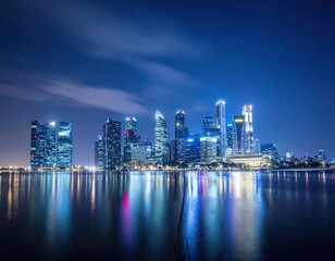 Obraz premium Stunning Cityscape at Night with Illuminated Skyscrapers Reflection