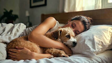 Morning Serenity: Woman Cuddling Small Dog in Sunlit Bedroom