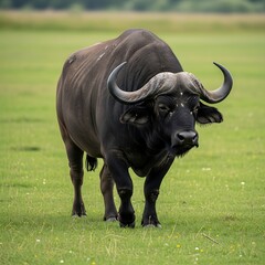 Obraz premium Large dark bovine animal with curved horns walking across a grassy savanna