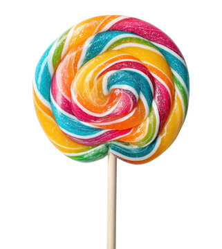 Vibrant rainbow swirled lollipop candy with multiple colors on wooden stick, isolated on transparent background
