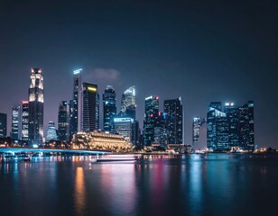 Obraz premium Vibrant Night Skyline of a Modern City with Reflective Water Surface