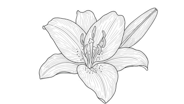 Elegant black and white line art illustration of a lily flower in full bloom, accompanied by a closed bud, showcasing intricate petal and stamen details with precision.