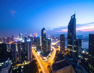 Obraz premium Stunning city skyline at twilight with vibrant lights and skyscrapers