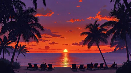 Tropical Sunset Serenity: Palm Trees and Ocean View with Lounge Chairs