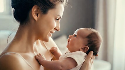 Gentle Bond: Mother and Newborn Baby Cuddling in Sunlit Nursery