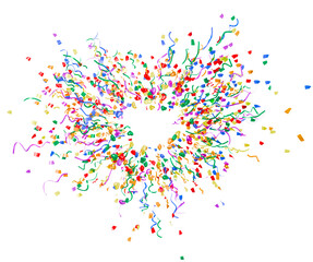 3d realistic render of bursting colorful streamers and hearts forming a romantic border, glossy metallic spectrum texture isolated for diversity festival.