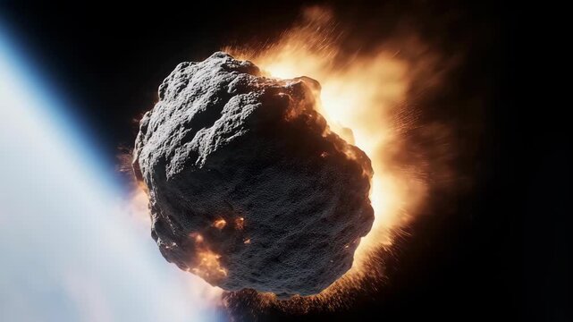 Giant Burning Asteroid Entering Planet Atmosphere From Space.